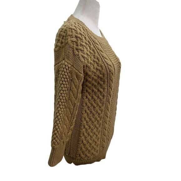 Trina Turk 100% Merino Wool Cable Knit Sweater 3/4 Sleeve Camel Brown size Small - Picture 3 of 6